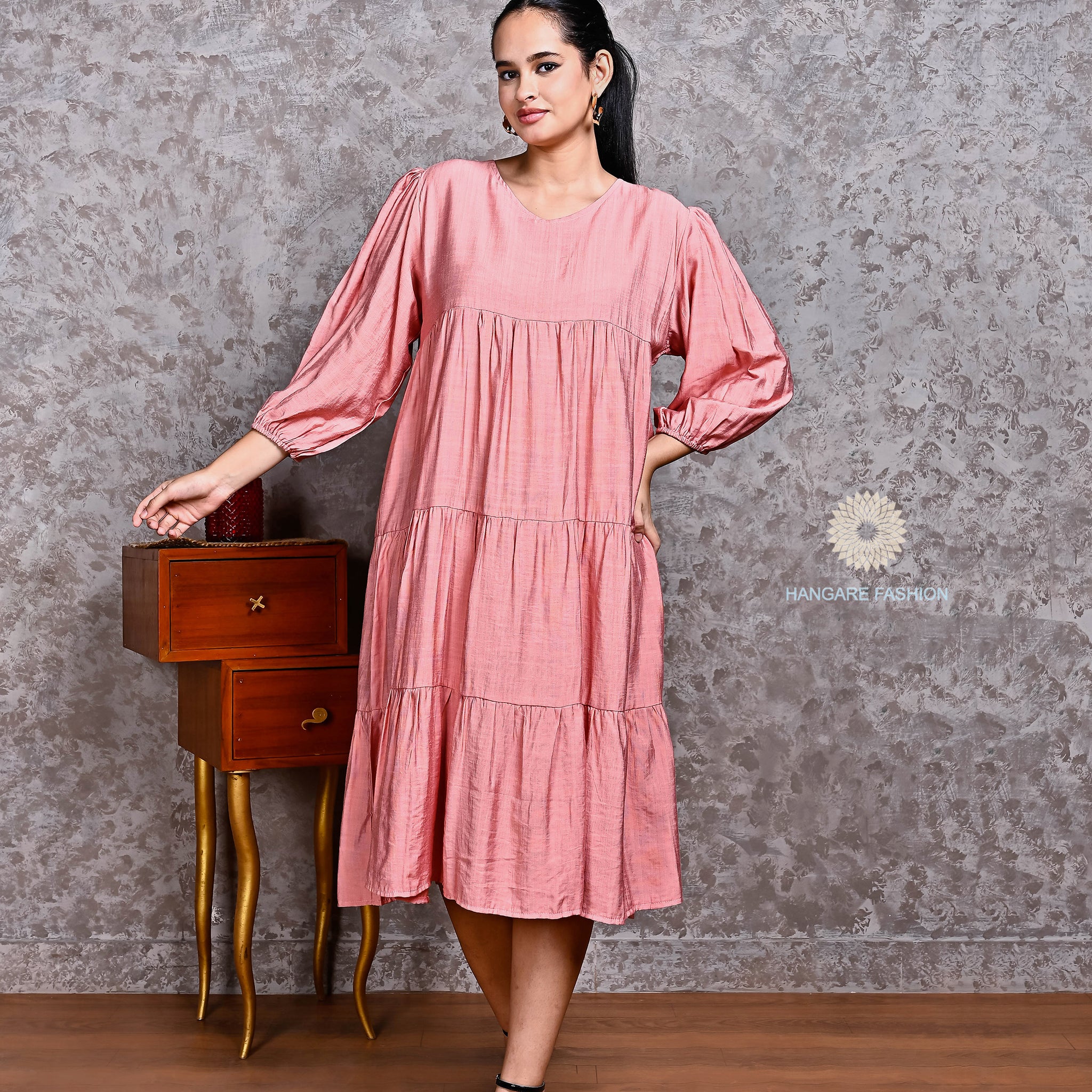 Blush Pink Cotton Blend Tiered Dress with Puff Sleeves
