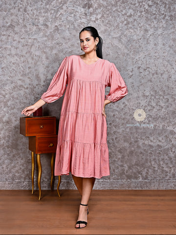 Blush Pink Cotton Blend Tiered Dress with Puff Sleeves