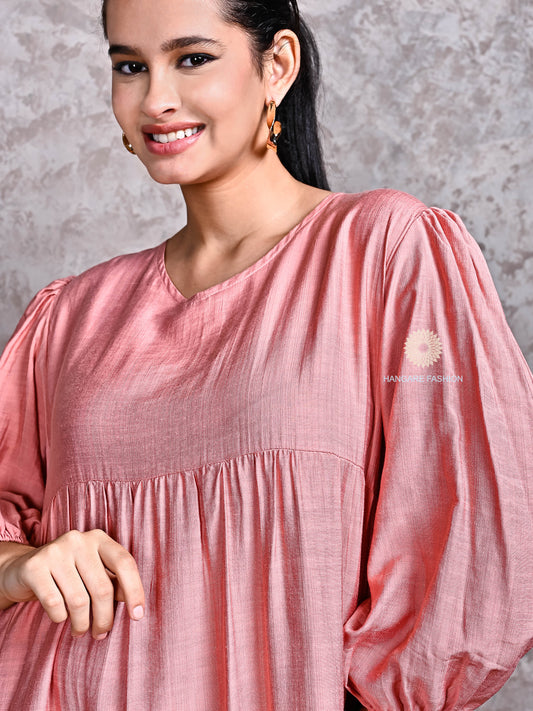 Blush Pink Cotton Blend Tiered Dress with Puff Sleeves