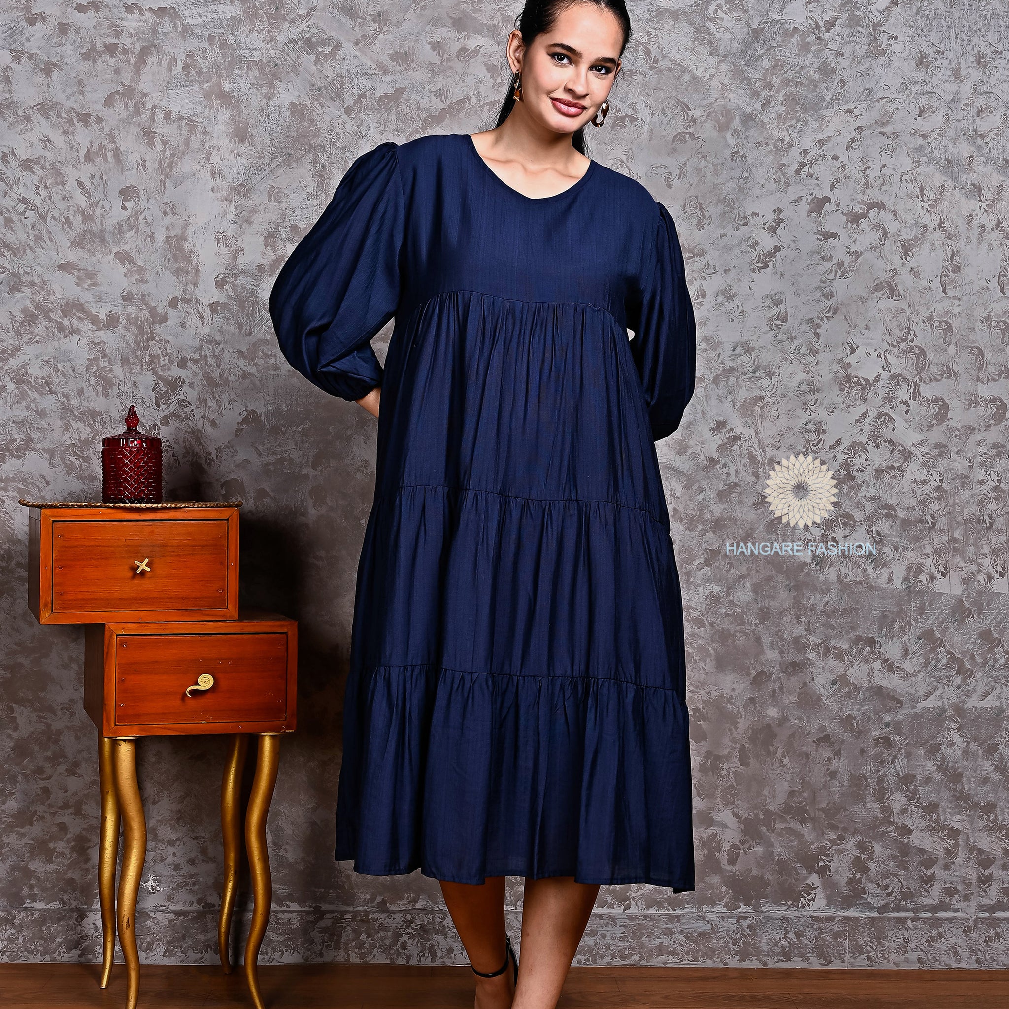 Navy Blue Semi-Crepe Tunic Dress in Cotton Blend – Relaxed Western Silhouette