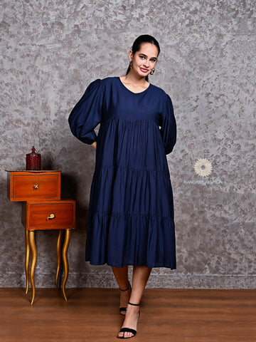Navy Blue Semi-Crepe Tunic Dress in Cotton Blend – Relaxed Western Silhouette