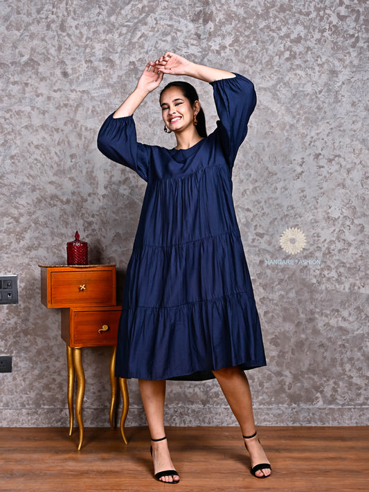 Navy Blue Semi-Crepe Tunic Dress in Cotton Blend – Relaxed Western Silhouette