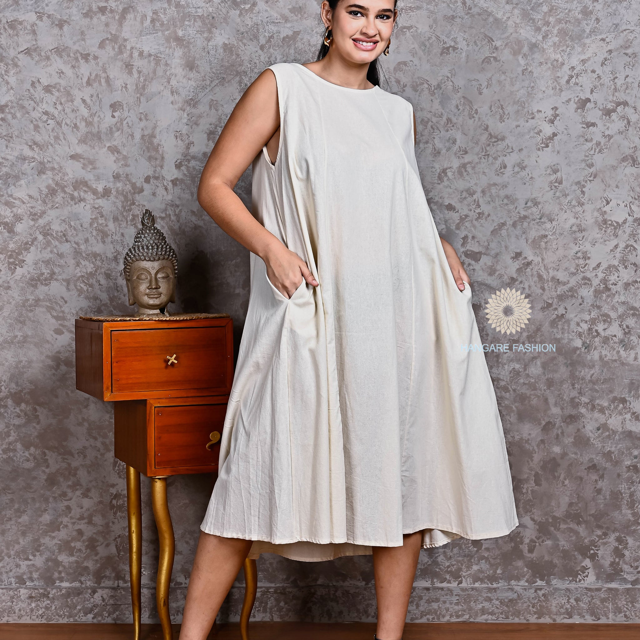 Ivory Flared Cotton Dress – Understated Luxury in Every Fold