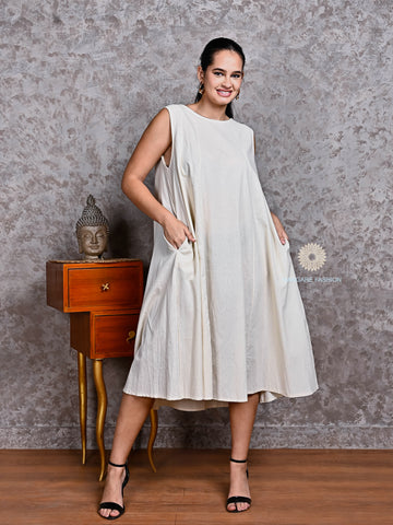 Ivory Flared Cotton Dress – Understated Luxury in Every Fold