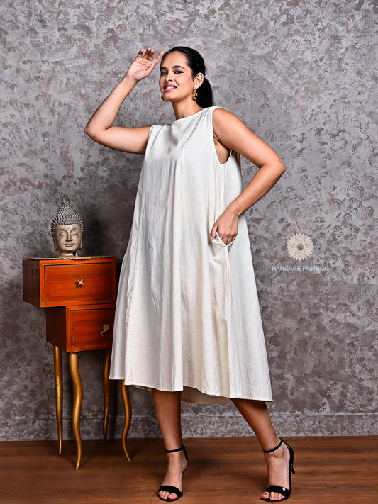 Ivory Flared Cotton Dress – Understated Luxury in Every Fold