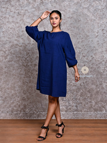 Chic Cotton Blend Medium-Length Dress with Puff Sleeves
