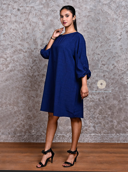 Chic Cotton Blend Medium-Length Dress with Puff Sleeves