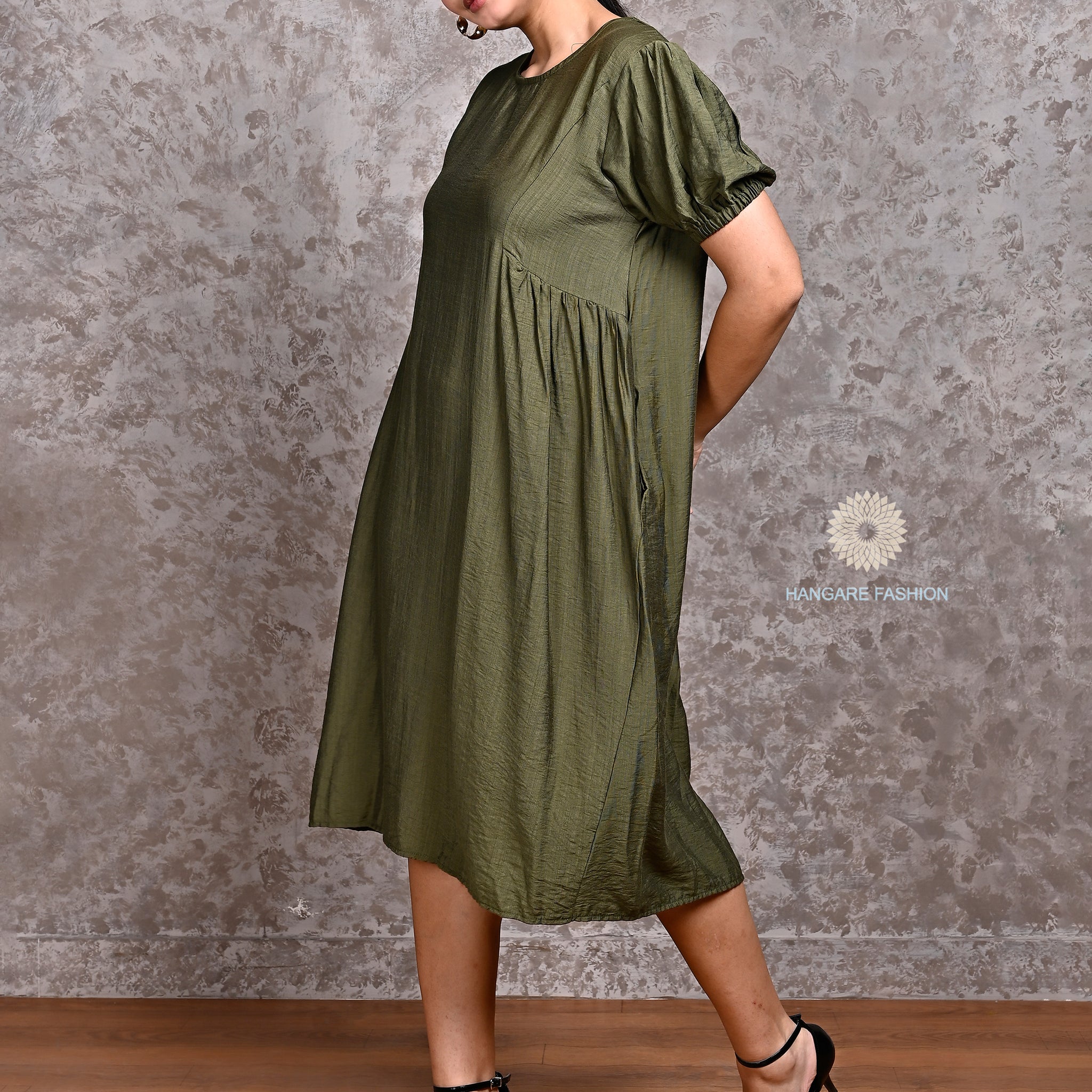 Olive Green Pure Cotton Puff Sleeve Midi Dress – Effortless Western Elegance