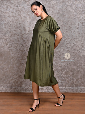 Olive Green Pure Cotton Puff Sleeve Midi Dress – Effortless Western Elegance
