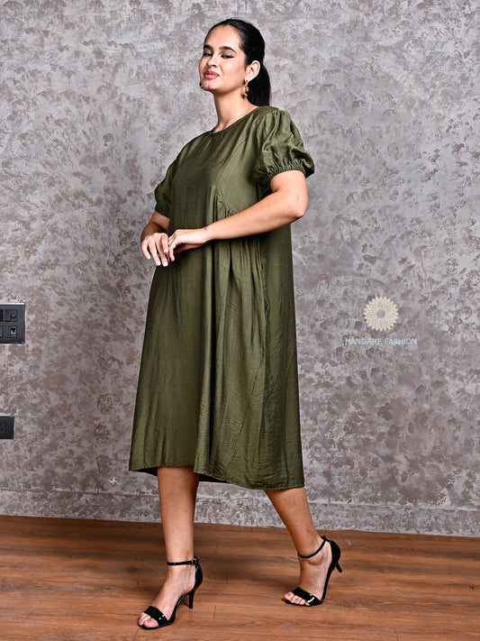 Olive Green Pure Cotton Puff Sleeve Midi Dress – Effortless Western Elegance