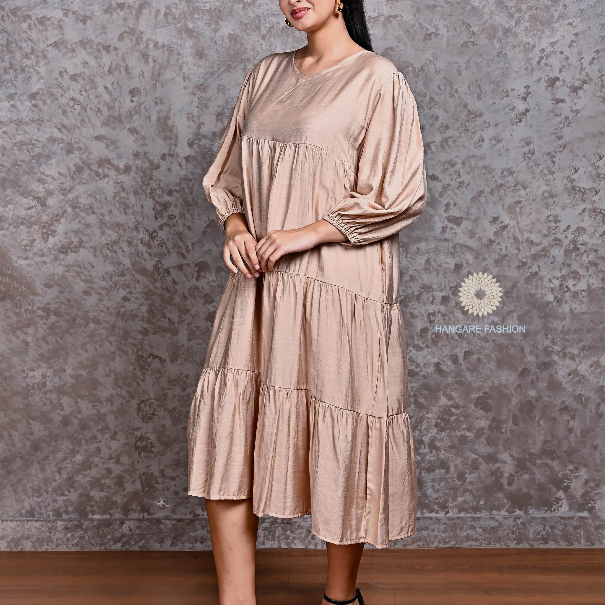 Champagne Beige Cotton Blend Tiered Midi Dress