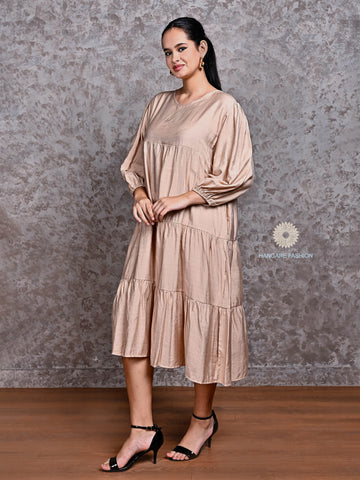 Champagne Beige Cotton Blend Tiered Midi Dress