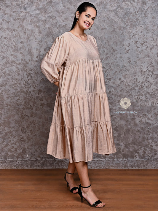 Champagne Beige Cotton Blend Tiered Midi Dress
