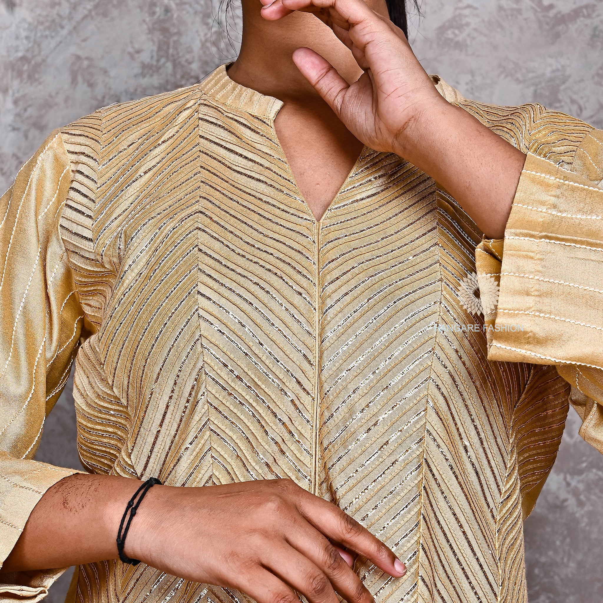 Golden Cotton Silk Stitched Suit with Gota Patti & Dupatta