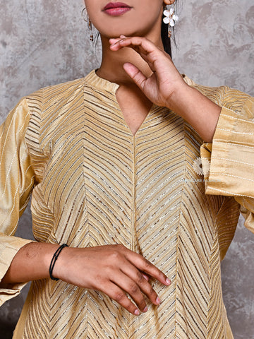 Golden Cotton Silk Stitched Suit with Gota Patti & Dupatta