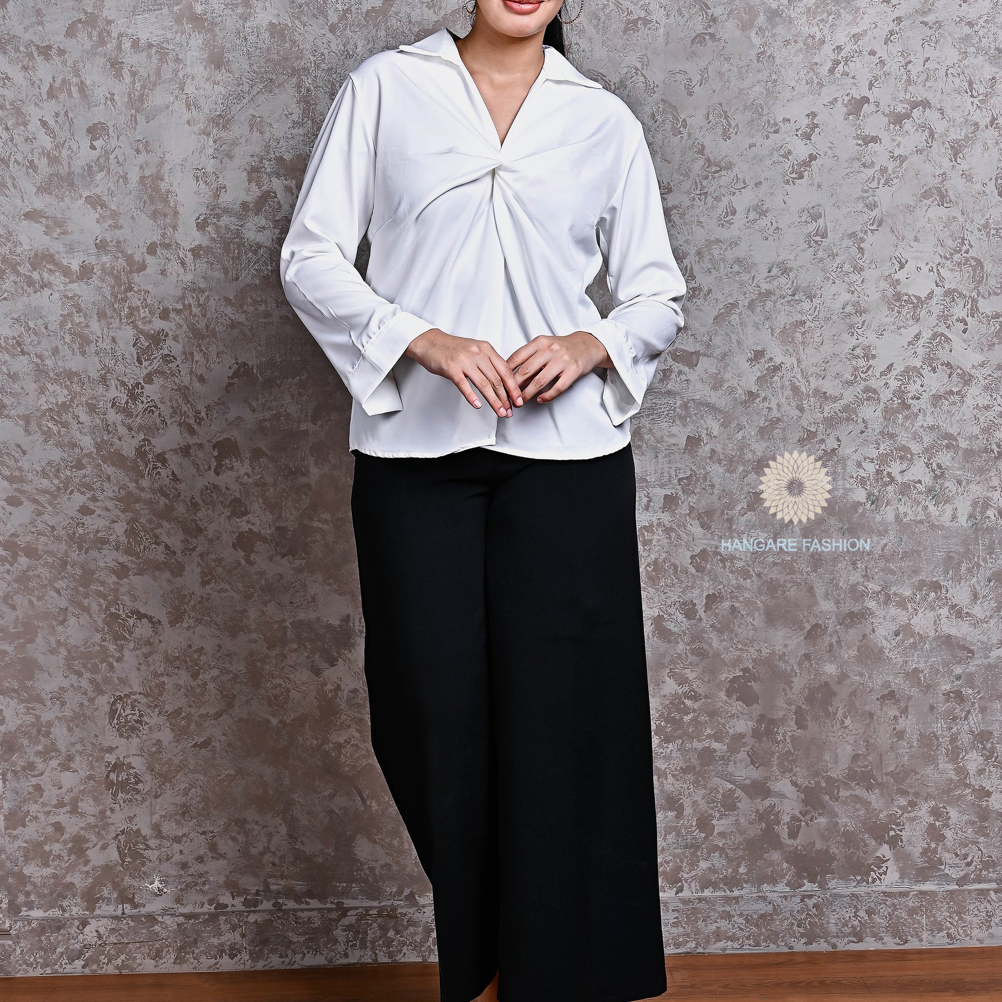 White Front-Twist Crepe Shirt – Elegant Western Wear