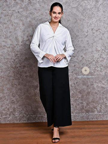 White Front-Twist Crepe Shirt – Elegant Western Wear