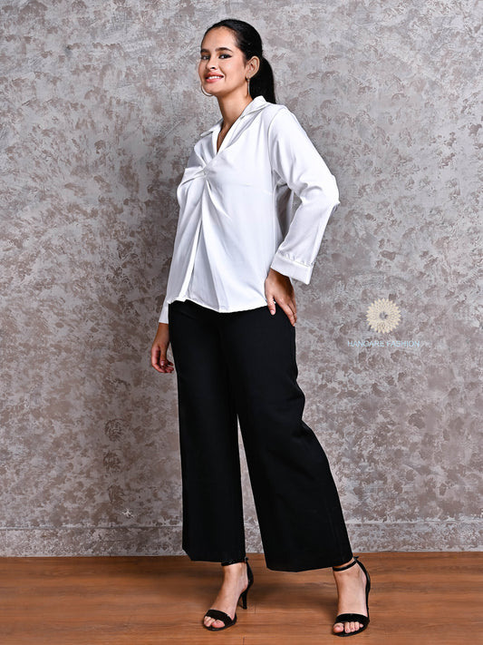 White Front-Twist Crepe Shirt – Elegant Western Wear