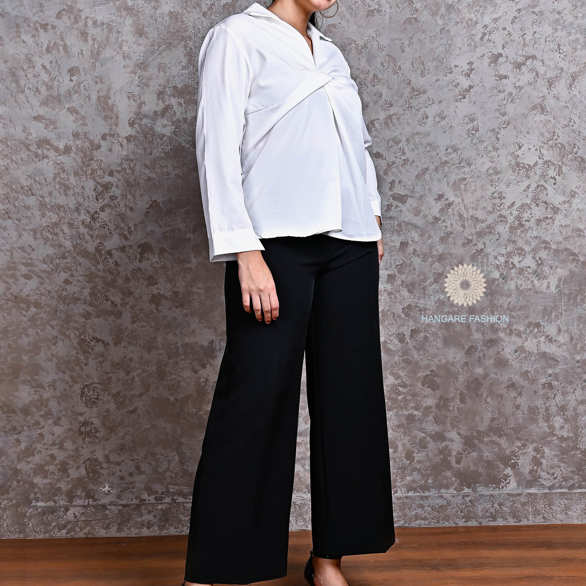 Solid Black Cotton Lycra Wide-Leg Pants – Versatile Western Bottom