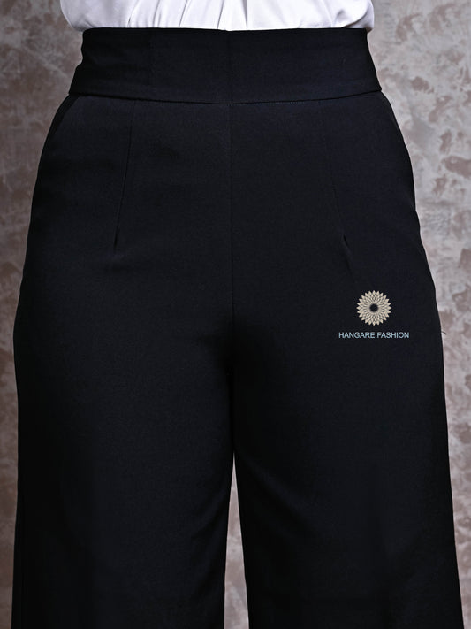 Solid Black Cotton Lycra Wide-Leg Pants – Versatile Western Bottom