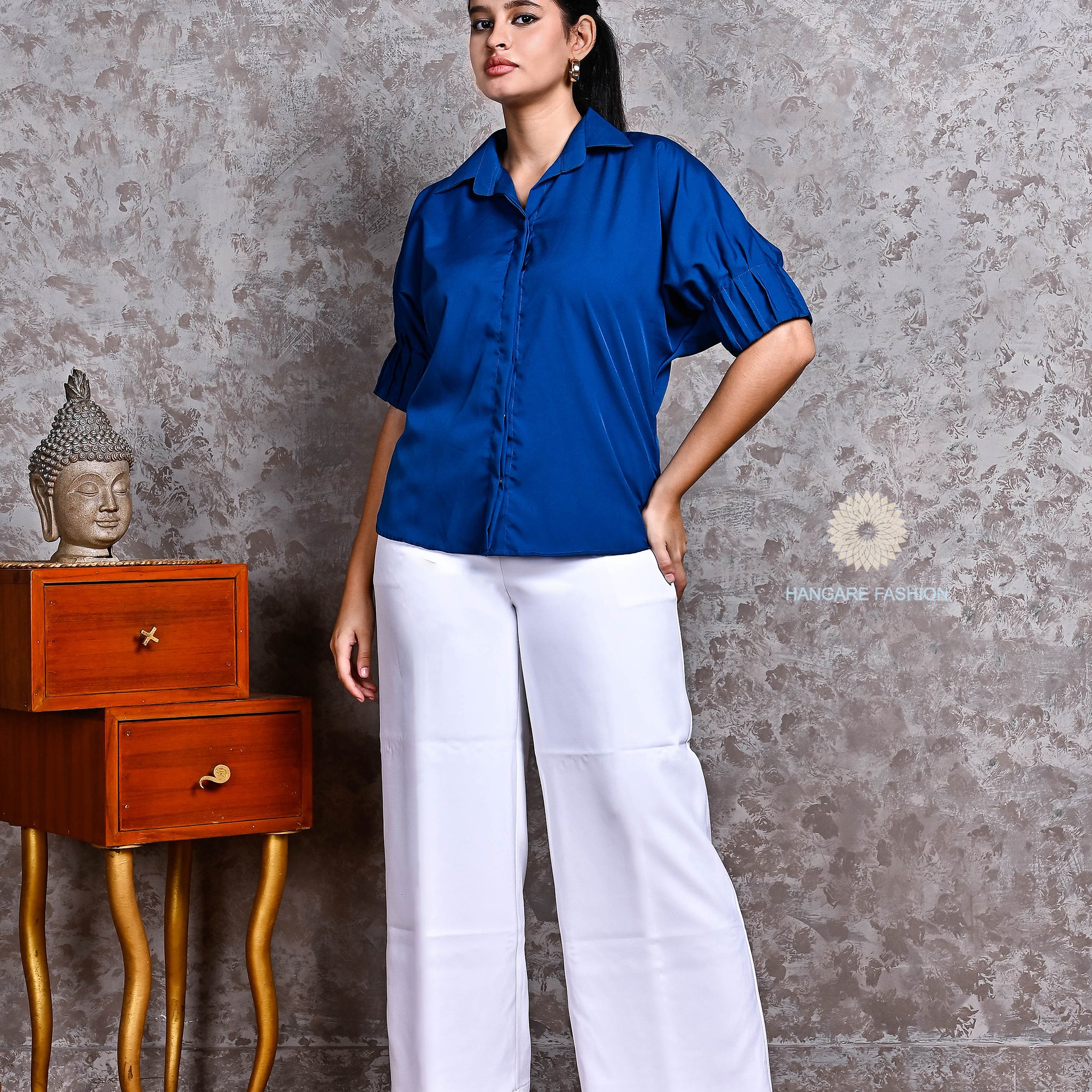 Royal Blue Button-Down Crepe Shirt – Smart Casual Western Wear