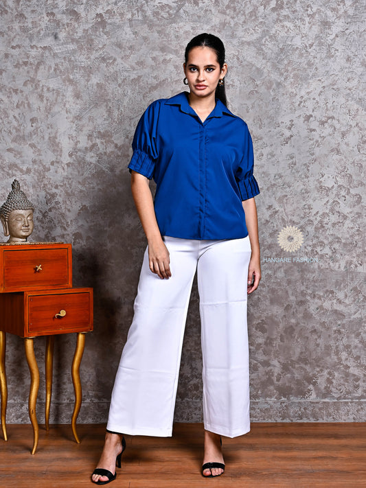 Royal Blue Button-Down Crepe Shirt – Smart Casual Western Wear