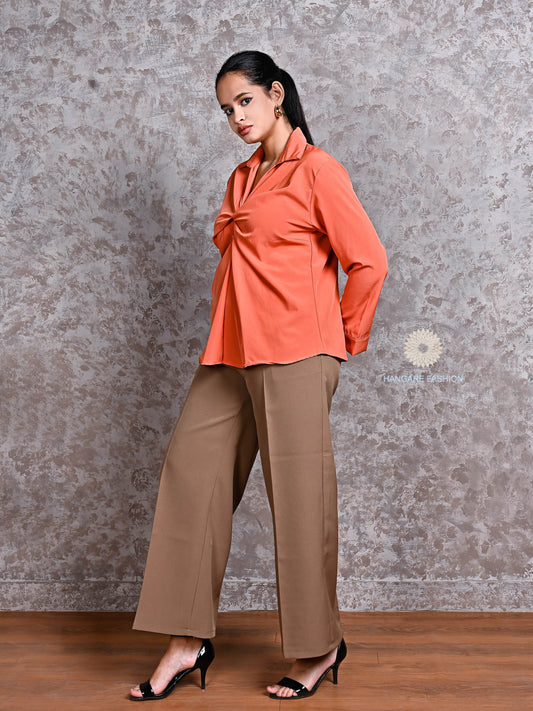 Rust Orange Twist-Knot Crepe Shirt – Contemporary Western Top