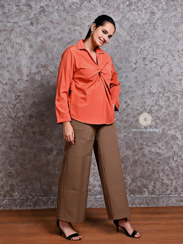 Classic Mocha Brown Wide-Leg Trousers – Cotton Lycra Comfort Fit