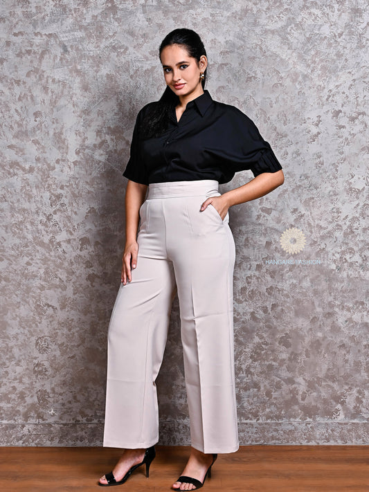 Stone Beige Straight-Leg Trousers – Cotton Lycra Comfort