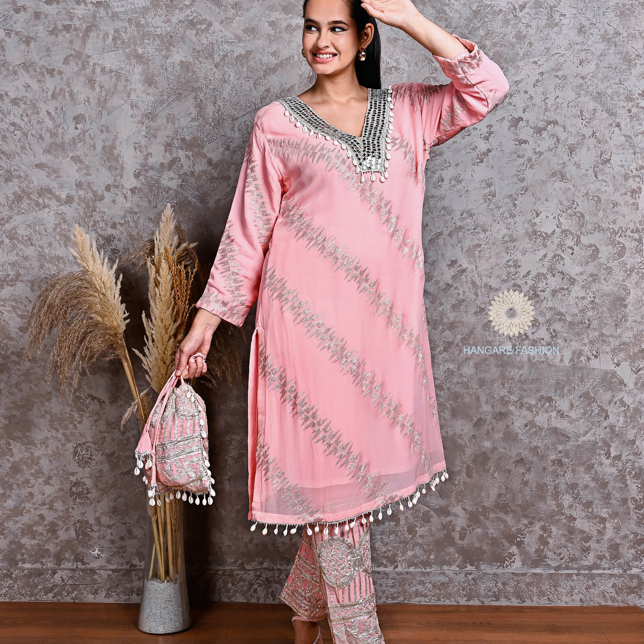 Blush Pink Embroidered Georgette Coord Set with Gutthi – Partywear Elegance