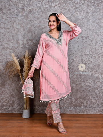 Blush Pink Embroidered Georgette Coord Set with Gutthi – Partywear Elegance