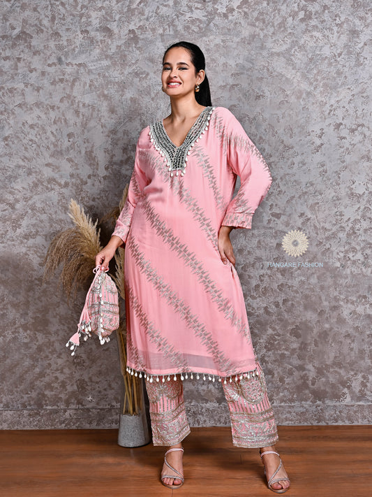 Blush Pink Embroidered Georgette Coord Set with Gutthi – Partywear Elegance