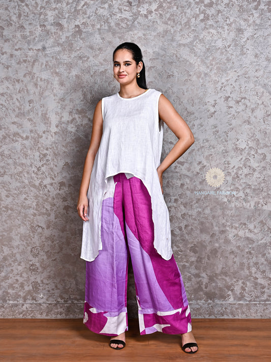 White Asymmetric Linen Shirt with Purple Abstract Linen Pants