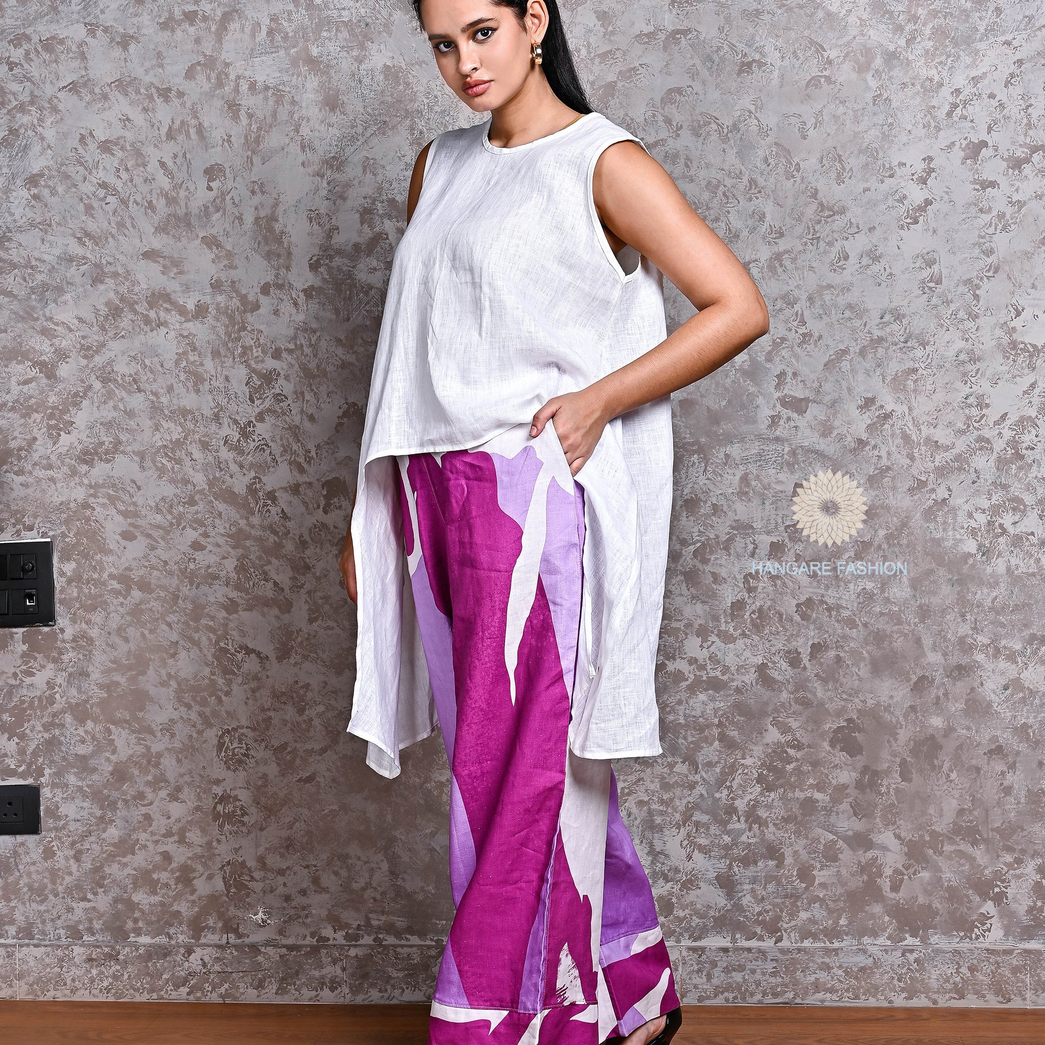 White Asymmetric Linen Shirt with Purple Abstract Linen Pants