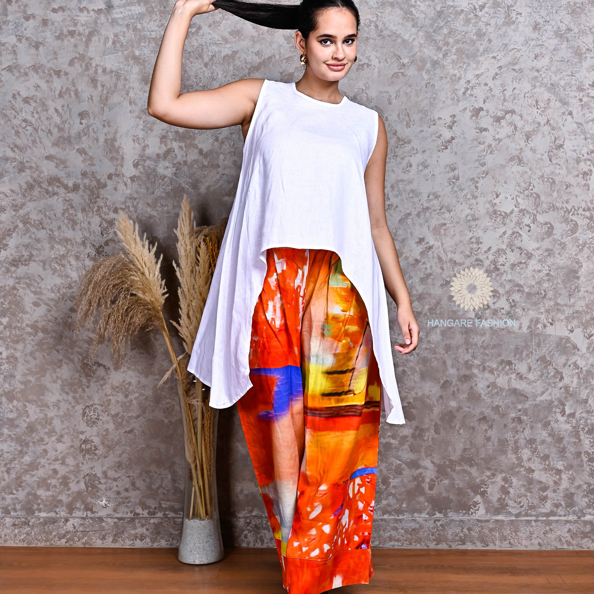 White Linen Asymmetric Shirt with Orange Multicolor Linen Pants