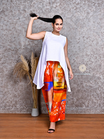 White Linen Asymmetric Shirt with Orange Multicolor Linen Pants
