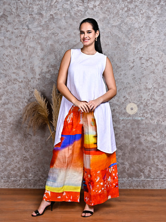 White Linen Asymmetric Shirt with Orange Multicolor Linen Pants