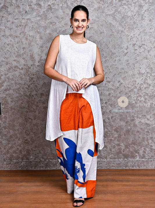 White Linen Asymmetric Top with Blue & Orange Abstract Pants