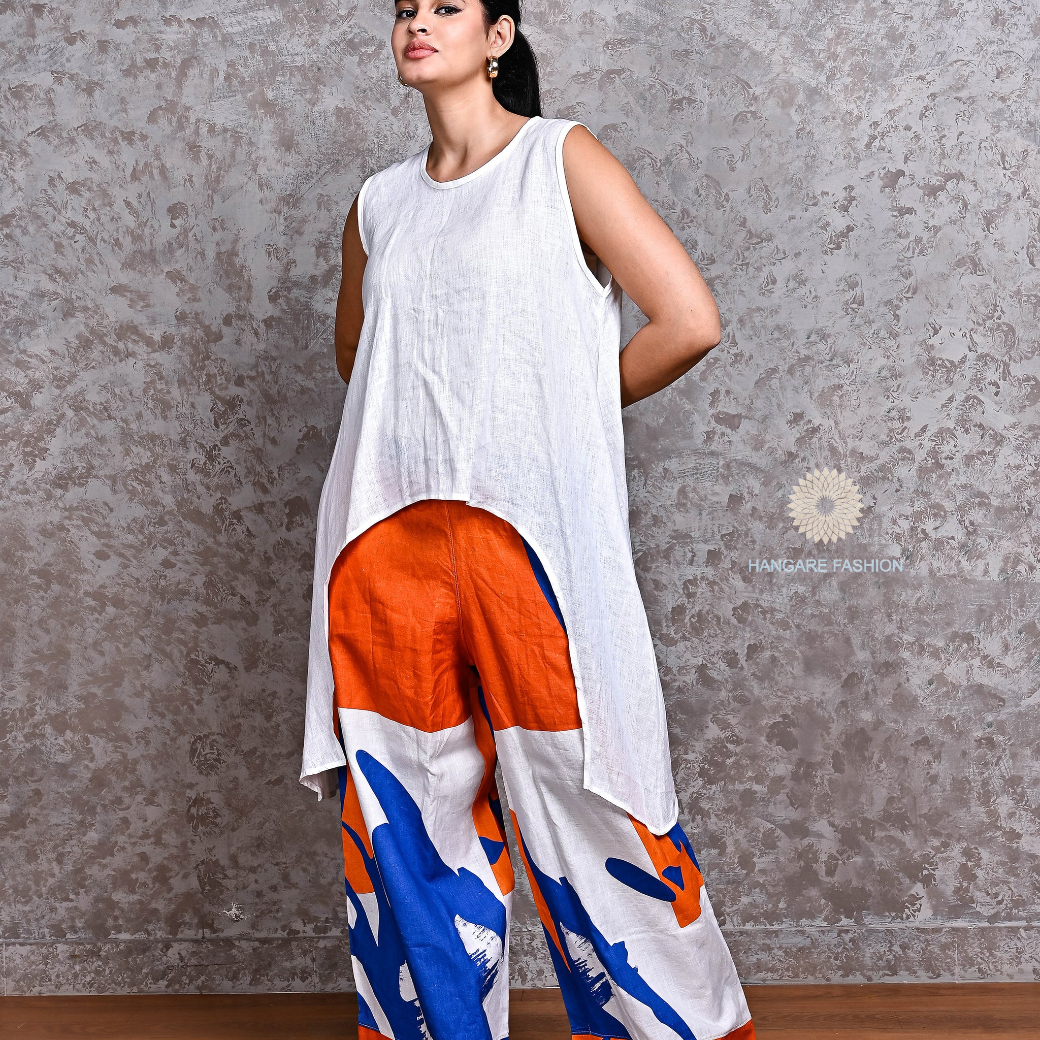 White Linen Asymmetric Top with Blue & Orange Abstract Pants