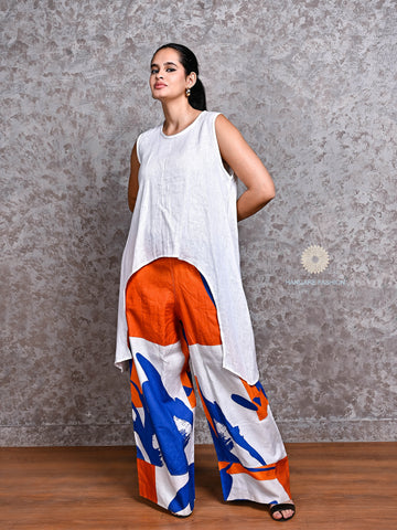 White Linen Asymmetric Top with Blue & Orange Abstract Pants