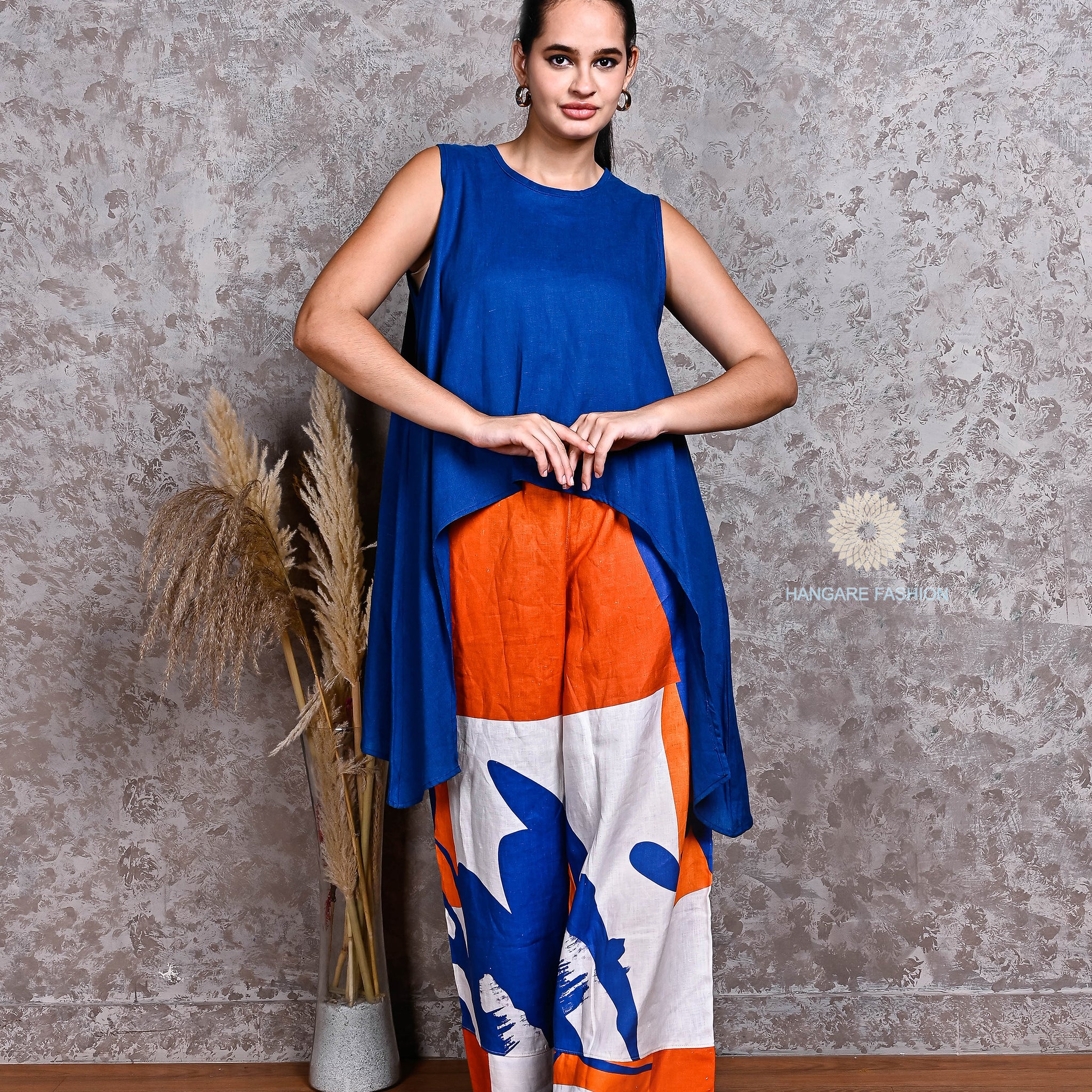 Royal Blue Linen Top with Orange-Blue Abstract Linen Pants
