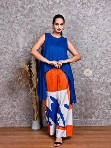 Royal Blue Linen Top with Orange-Blue Abstract Linen Pants