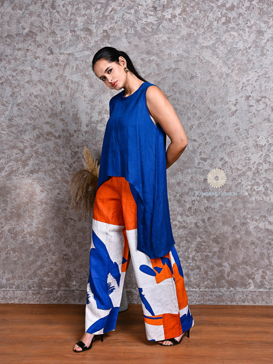 Royal Blue Linen Top with Orange-Blue Abstract Linen Pants