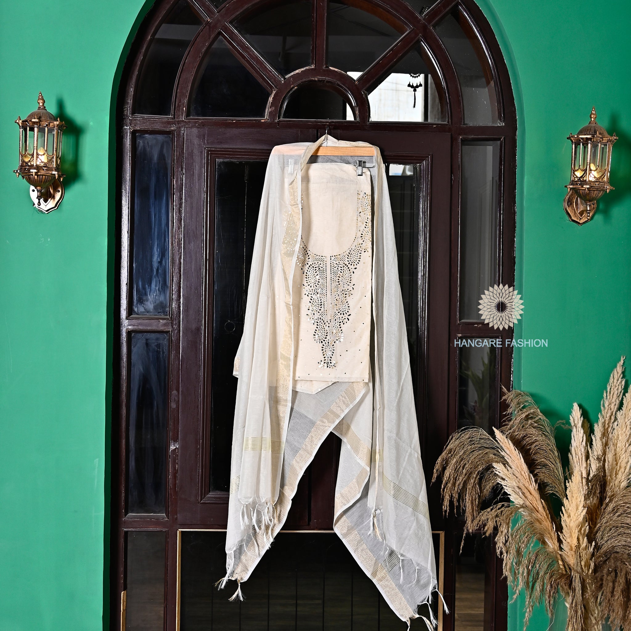 Elegant Unstitched Kota Suit with French Knot Work