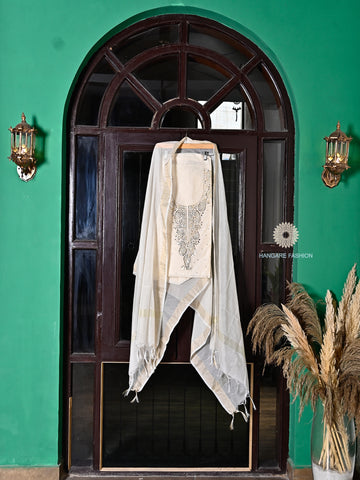 Elegant Unstitched Kota Suit with French Knot Work