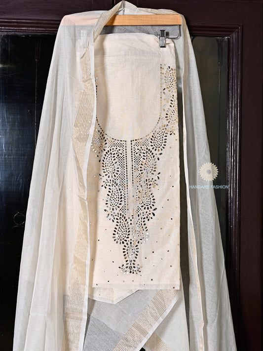 Elegant Unstitched Kota Suit with French Knot Work