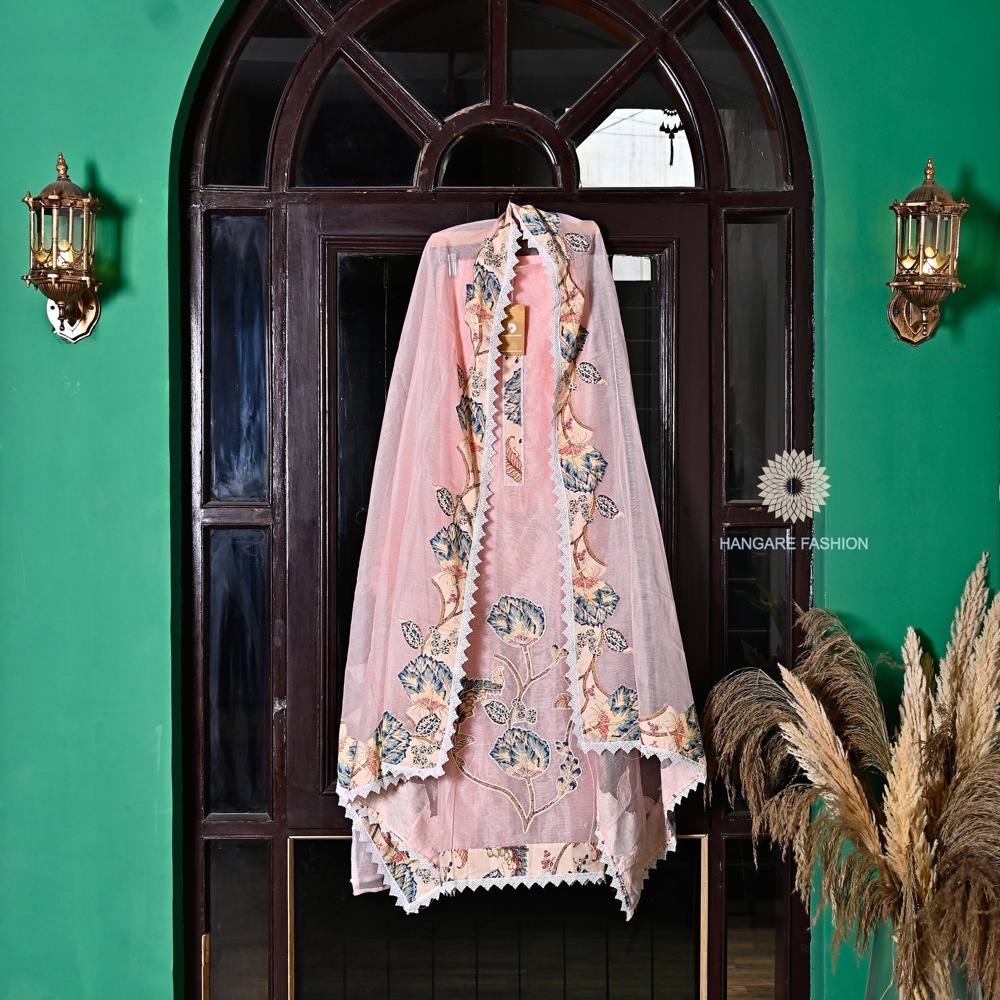 A blush pink unstitched Kota Doriya suit