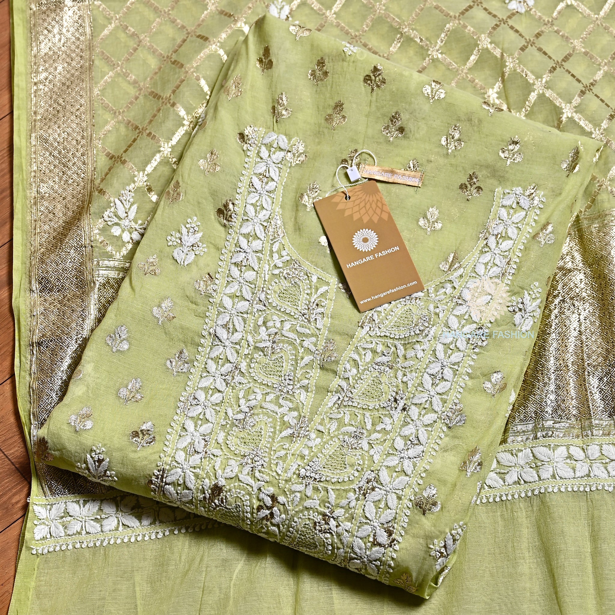 Pista Green Chanderi Lucknowi Chikankari Shirt & Dupatta Set