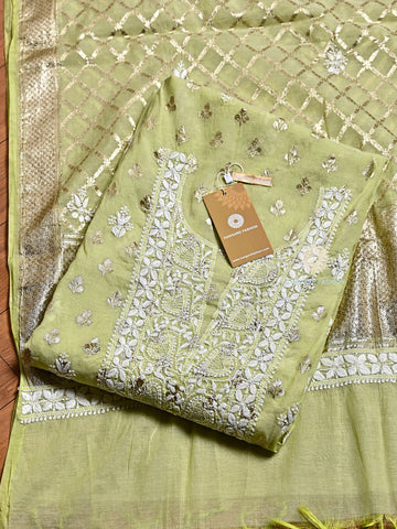 Pista Green Chanderi Lucknowi Chikankari Shirt & Dupatta Set