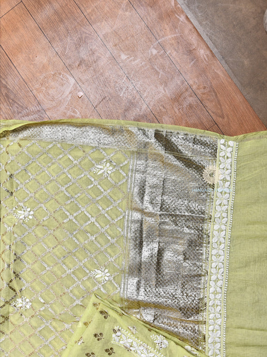 Pista Green Chanderi Lucknowi Chikankari Shirt & Dupatta Set